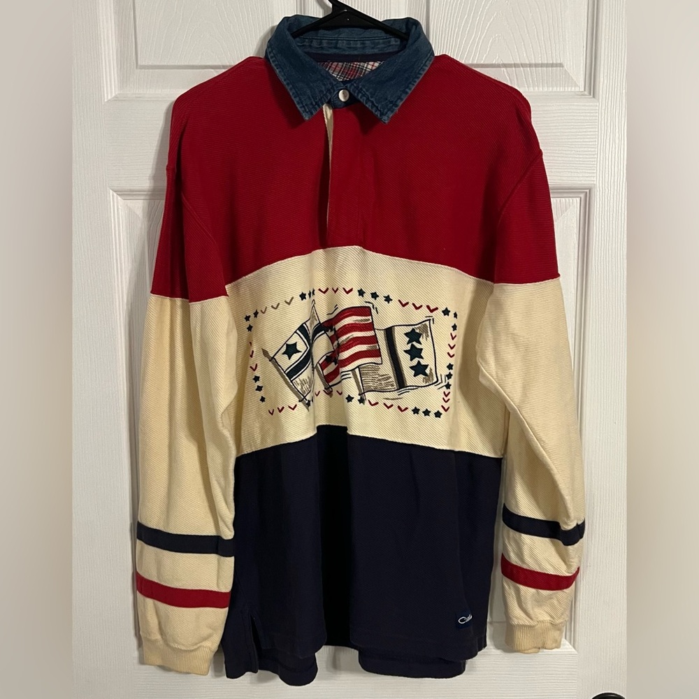 Catalina Men’s Vintage Medium Red, Blue, Cream Flag Long Sleeve Polo Shirt